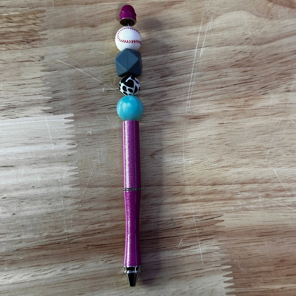 Custom Beaded Ballpoint Pen Purple Glitter Baseball Cow Print Silicone Beads